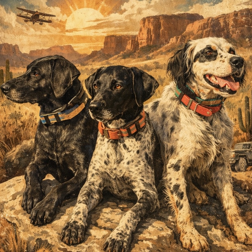 Three 3Dogs hunting dogs in a desert landscape